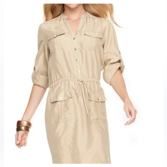 Michael Kors Dresses & Skirts - Michael Kors 100% Silk Khaki Shirt Dress Roll Tab Sleeves Size XL